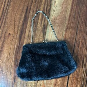 Retro Black Faux Fur Clutch with Metallic Handles